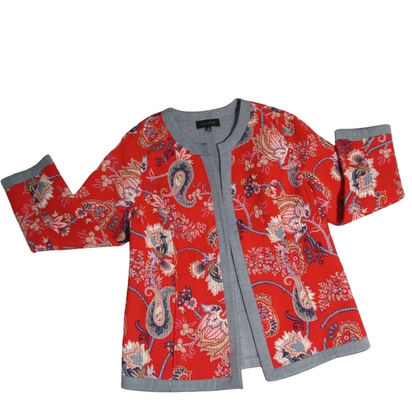 Talbots Red Paisley Floral Hook Closure Front Cardigan Jacket Women’s Medium - Picture 5 of 9